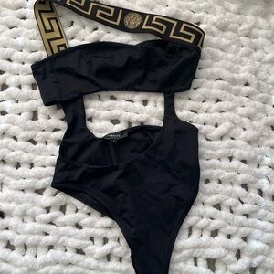 Versace Black One-Piece with Gold Greek Key Band